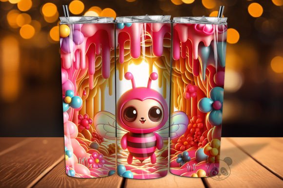 Pink Bee Melting Flowers 3D Tumbler Wrap for Crafts